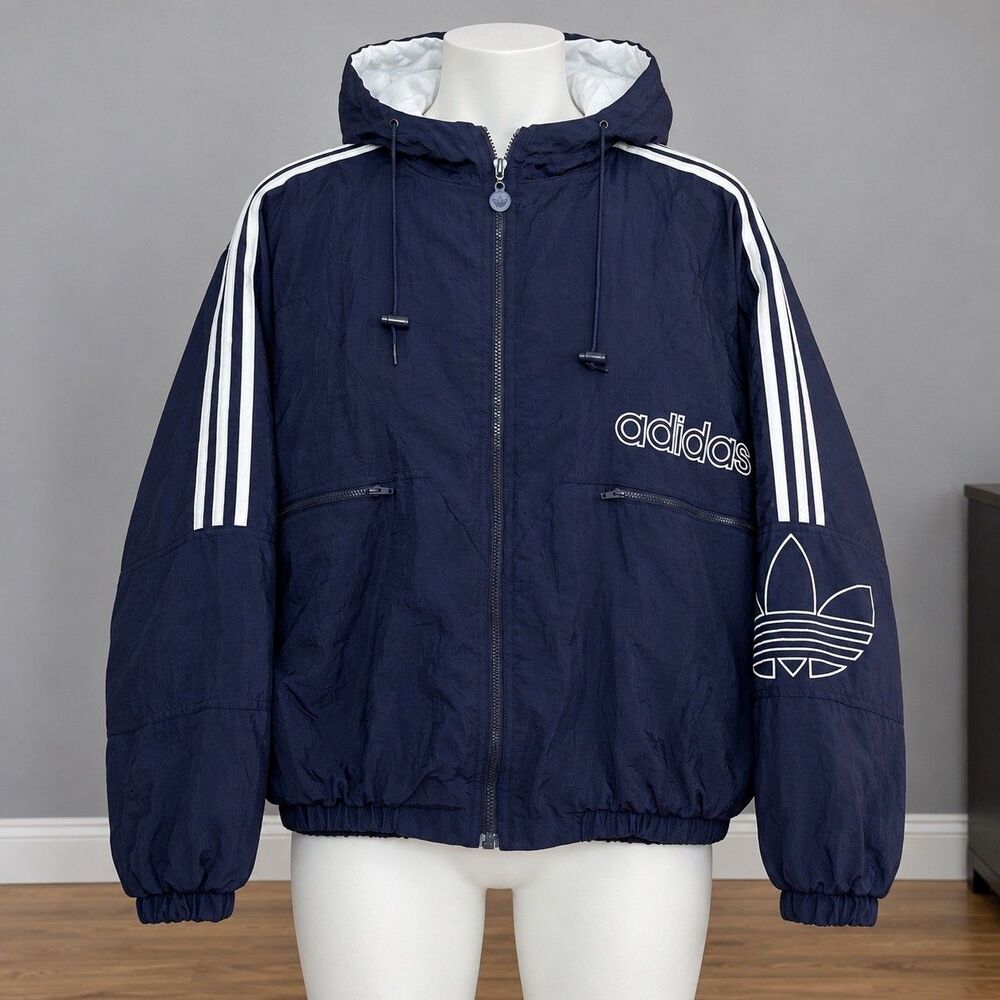 Vintage 90s Adidas Windbreaker Jacket Mens M Navy Trefoil Hooded Streetwear